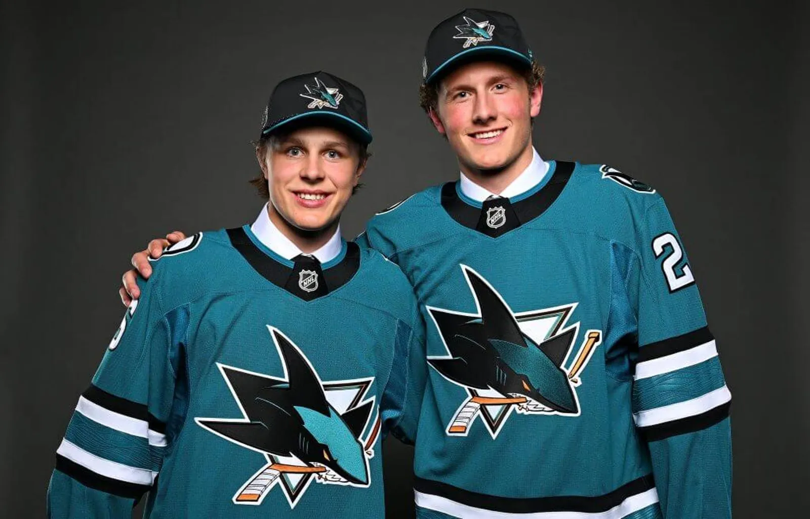 Ivar Stenberg and Keaton Verhoeff pose for a portrait after being selected by the San Jose Sharks.