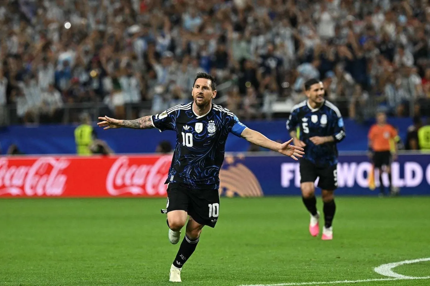 Argentina's forward #10 Lionel Messi celebrates scoring his team's third goal during the 2026 World Cup Group J football match between Jordan and Argentina at the Dallas Stadium in Arlington on June 27, 2026.