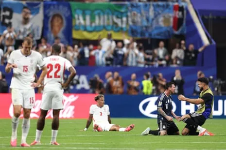 Lionel Messi and Argentina teammates celebrate after defeating England in a World Cup semi-final