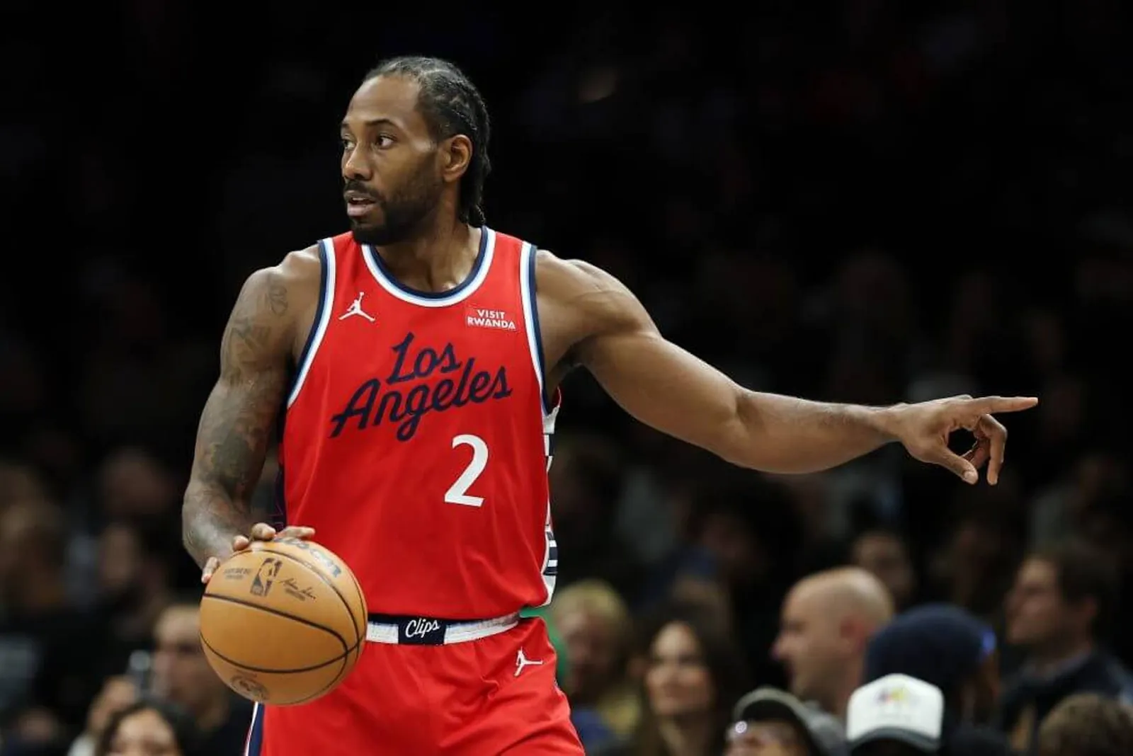 Kawhi Leonard of the LA Clippers dribbles the ball against the Brooklyn Nets.