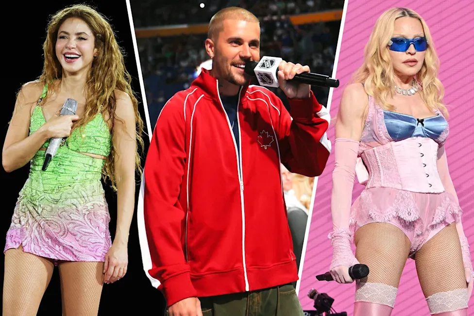 A split image with Shakira, Justin Bieber and Madonna