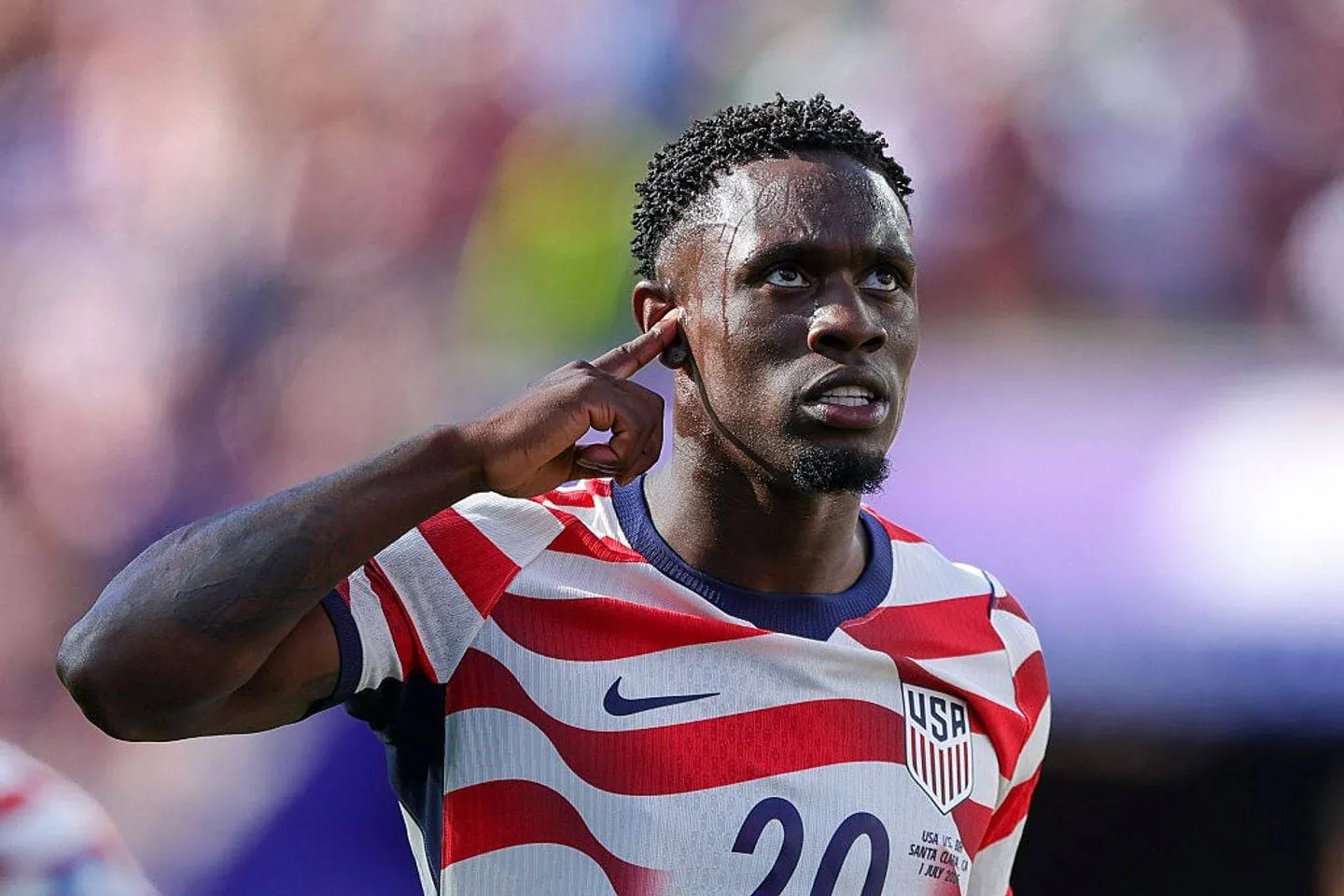 SANTA CLARA, CALIFORNIA - JULY 01: Folarin Balogun #20 of the United States celebrates scoring his team's first goal during the FIFA World Cup 2026 Round of 32 match between USA and Bosnia and Herzegovina at San Francisco Bay Area Stadium on July 01, 2026 in Santa Clara, California. (Photo by John Dorton/USSF/Getty Images)