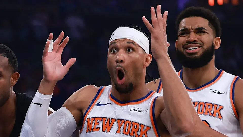 NEW YORK, NEW YORK - MAY 19: Josh Hart #3 and Karl-Anthony Towns #32 of the New York Knicks react to a call as Evan Mobley #4 of the Cleveland Cavaliers looks on during the first quarter in Game One of the NBA Eastern Conference Finals at Madison Square Garden on May 19, 2026 in New York City. NOTE TO USER: User expressly acknowledges and agrees that, by downloading and or using this photograph, User is consenting to the terms and conditions of the Getty Images License Agreement. (Photo by Sarah Stier/Getty Images)