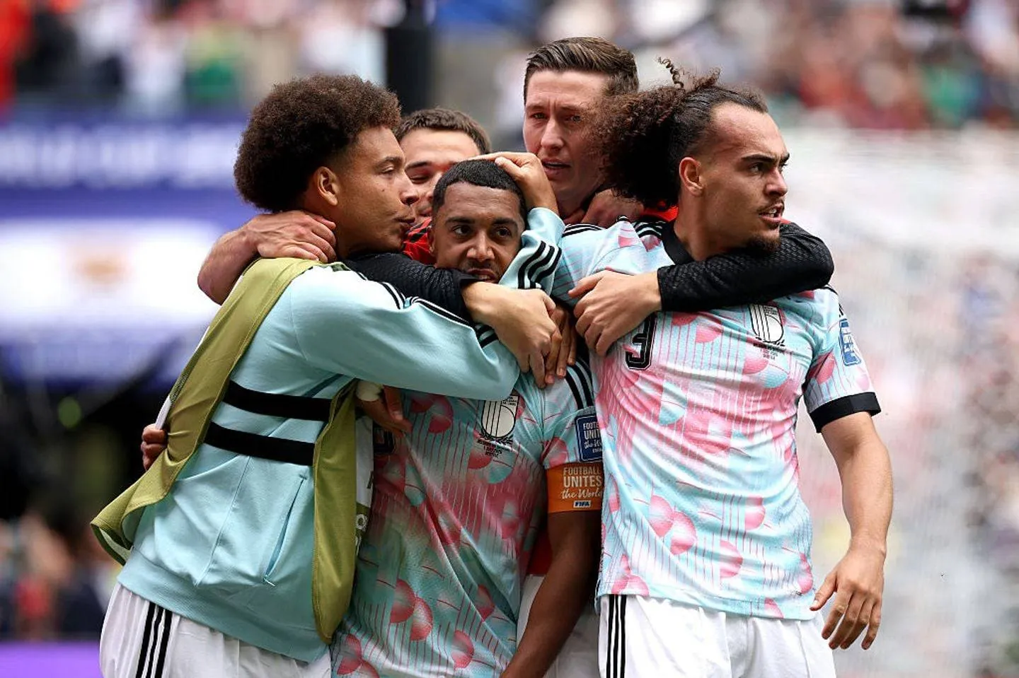 SEATTLE, WASHINGTON - JULY 01: Youri Tielemans #8 of Belgium celebrates with teammates after scoring his team's second goal during the FIFA World Cup 2026 Round Of 32 match between Belgium and Senegal at Seattle Stadium on July 01, 2026 in Seattle, Washington. (Photo by Jared C. Tilton - FIFA/FIFA via Getty Images)